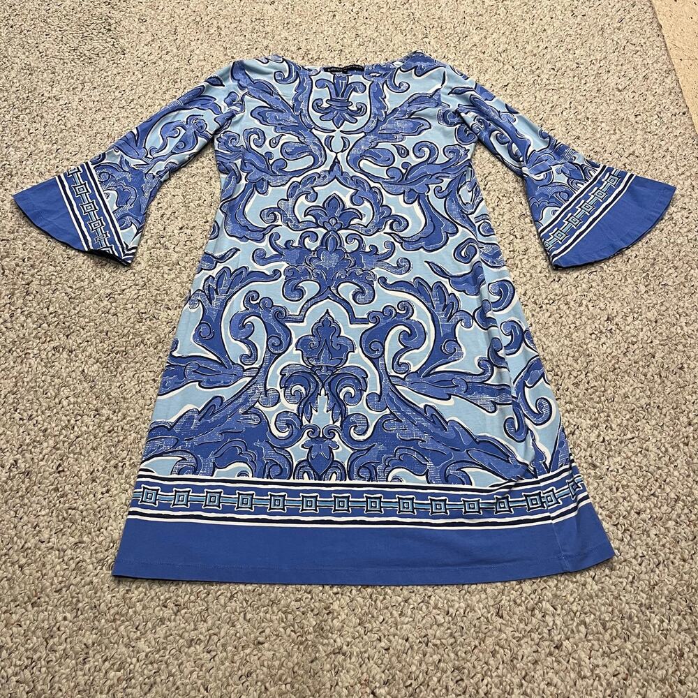 Barbara Erickson Damask Print Shift Dress M Flare Sleeve Resort Coastal Preppy